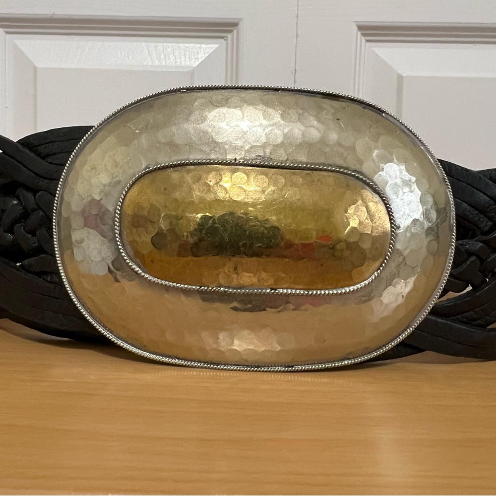Chico’s Wide Braided Black Leather Belt w/ Large Silver & Brass Metal Buckle S/M - Picture 2 of 15